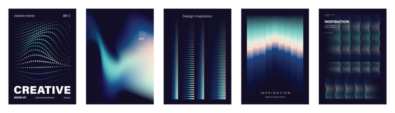 Abstract vector gradient poster collection with deep navy backgrounds, cyan light effects, blurred color waves and futuristic line graphics