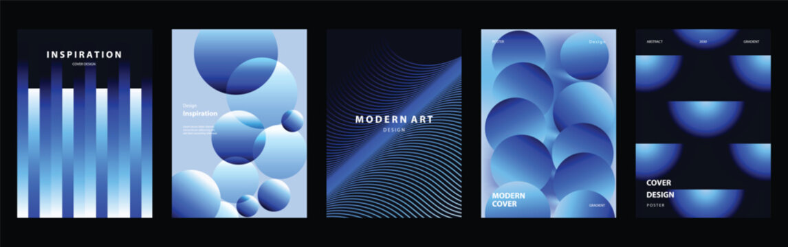 Abstract vector cover card collection with blue gradients, 3D spheres, vertical light bars and modern geometric poster layouts