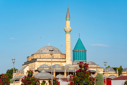 Mevlana Museum and Green Dome with flowers in Konya Turkey