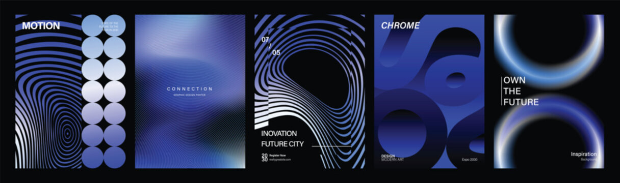 Abstract vector creative poster collection with dark blue gradients, circular geometry, flowing line waves and futuristic cover templates