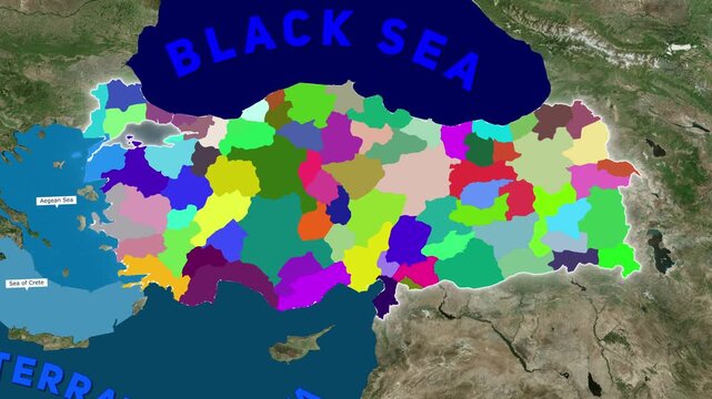 3D Animated Map of Turkey Highlighting Provinces, Surrounding Seas, Flag Overlay, and Anatolian Geography