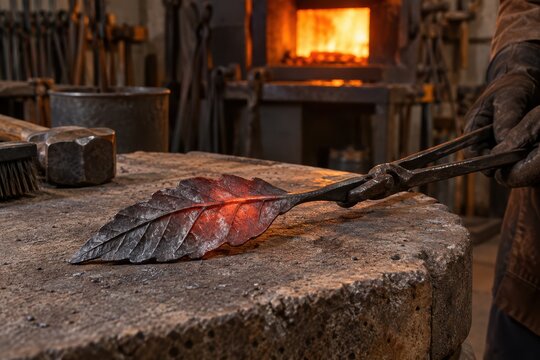 Blacksmith holding glowing forged iron leaf with tongs