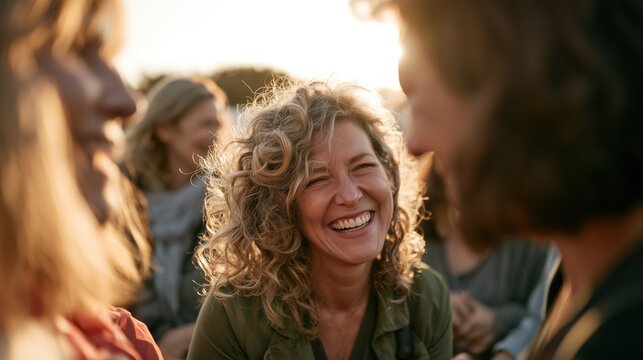 Group of joyful mature female friends laughing together outdoors in warm golden sunlight during a cheerful gathering