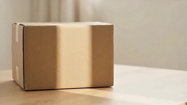 Cardboard Box Parcel on Wooden Table with Sunlight Shadow for E-Commerce Delivery and Unboxing Concept 