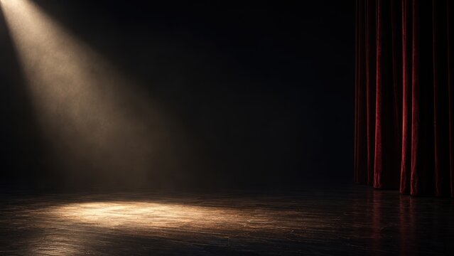 Dramatic spotlight shining on wooden theater stage with red velvet curtain