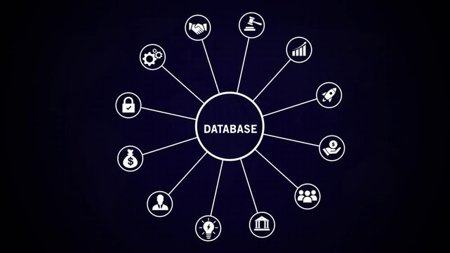 Dynamic database network infographic animation featuring centralized data management systems with interconnected business and technology for corporate presentations, digital infrastructure, and big