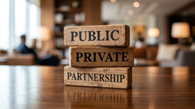 Public Private Partnership Concept with Wooden Blocks Stacked on a Table in a Modern Office Background