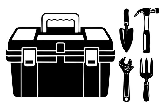 Silhouette Toolbox with different tools or construction or repair.  White background stock illustration.