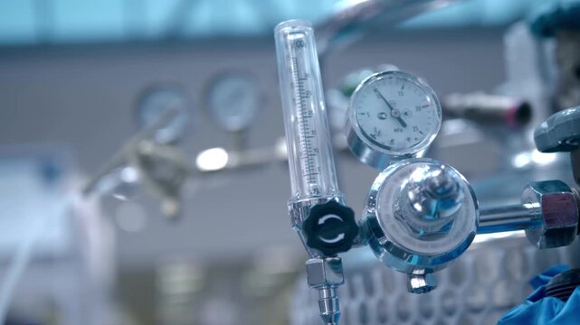 Gas pressure gauges control the supply of the required amount to form the required mixture for cutting metal. Closeup. Follow focus