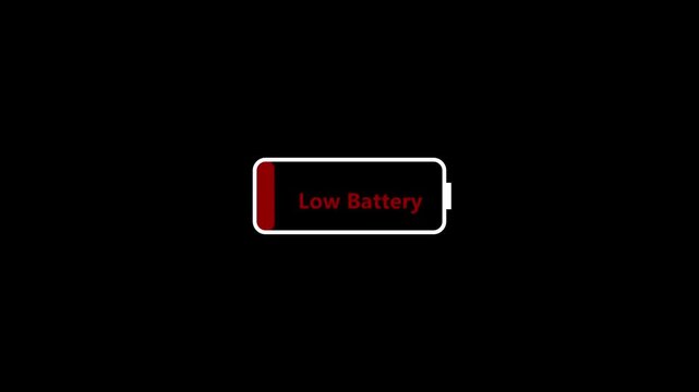 Low battery warning icon with a nearly empty red battery and bold text on a black background. Useful symbol for power shortage, charging alerts, device status, technology, apps, and presentations.