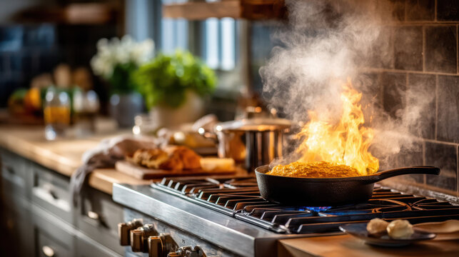 Flaming skillet on modern gas stove with sizzling omelette and steam in a contemporary white kitchen scene for cooking demonstration and safety awareness