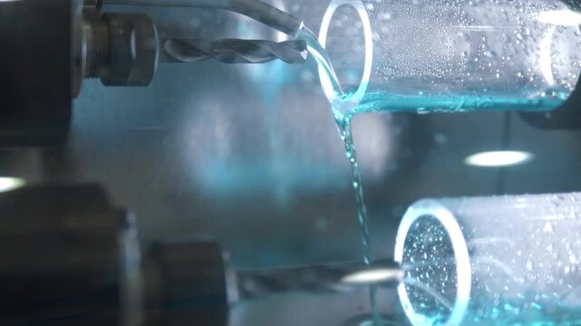 New technology of cutting fluid supply to the metal cutting edge of the milling cutter in comparison with the old classic one. Closeup