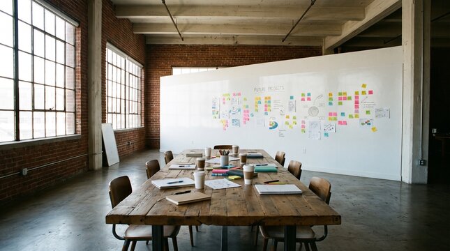 Industrial modern office meeting room featuring rustic wooden table with scattered notes and a large whiteboard for future project planning