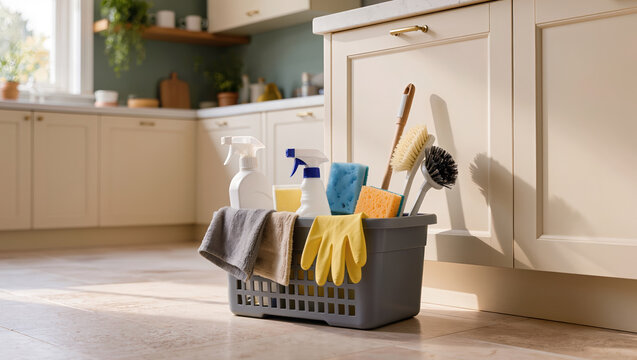 Kitchen cleaning basket with spray bottles, sponges, brushes, rubber gloves and towels beside white cabinets, with the readable letter A supporting household chores and home care themes