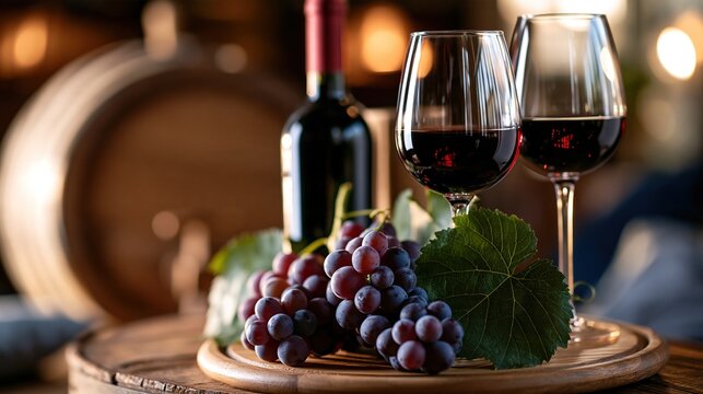 Red Wine Grapes Barrel Still Life, Wine Cuisine