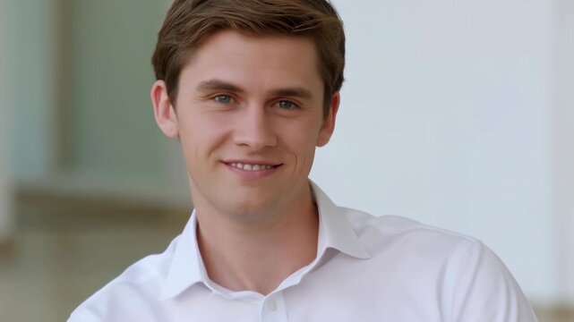 Young adult man looks toward camera and gradually smiles in bright indoor setting, wearing white collared shirt against softly blurred neutral background with relaxed head-and-shoulders framing