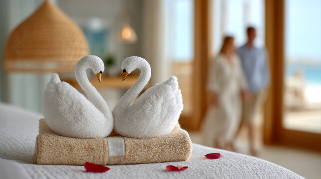 Pair of towel swans on hotel bed with beige towel and rose petals for romantic resort background and honeymoon room decoration