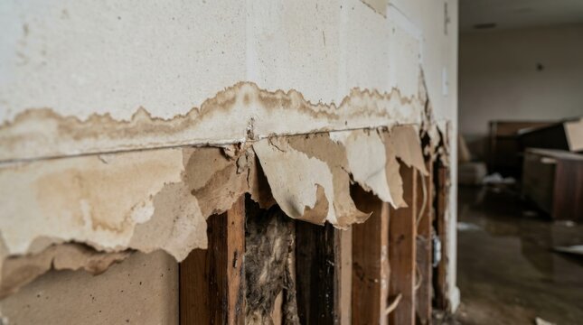 Water stain marking a wall with peeling drywall and exposed wood stud from flood damage