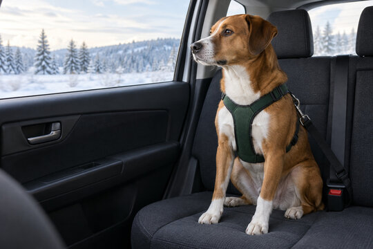 Mixed breed dog secured in car for winter road trip with copy space
