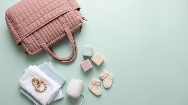 Quilted pink diaper bag arranged neatly alongside soft baby booties muslin blankets wooden teethers and pastel plush blocks creating an appealing flat lay composition photography