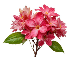 Obraz premium Pink Blossom Bouquet: A delicate bouquet of vibrant pink blossoms with pointed petals and lush green leaves, elegantly arranged and isolated against a clean background.