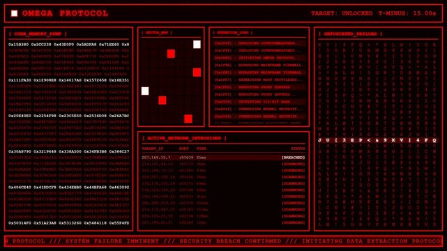 Omega Protocol Hacker Terminal Data Breach Animation.