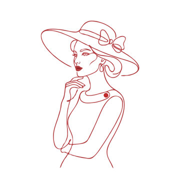 Elegant Woman Wearing Wide Brimmed Hat Red Line Art Illustration