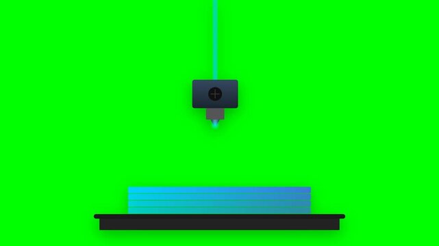 3D Printer Nozzle Extruding Glowing Cyan Gradient Filament Layers on Green Screen Background