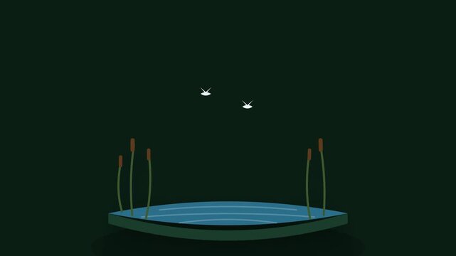 Stylized Wetland Ecosystem Icon with Swaying Reeds and Graceful Water Birds on Deep Green Background