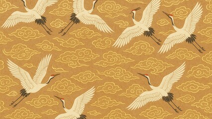 Fototapeta premium Elegant cranes amidst golden clouds desktop wallpaper