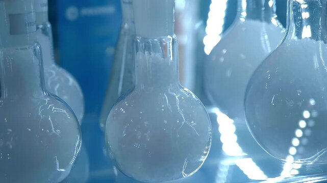 Samples of new chemical reagents in glass flasks are on display at the exhibition. Closeup. Shot in motion. Follow focus  