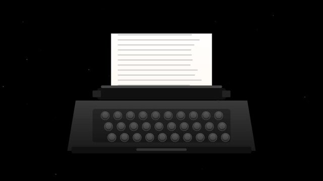 A charcoal-colored typewriter on a black background. Features animated keys pressing in sequence, a cream paper sheet feeding upward, and floating ink particles