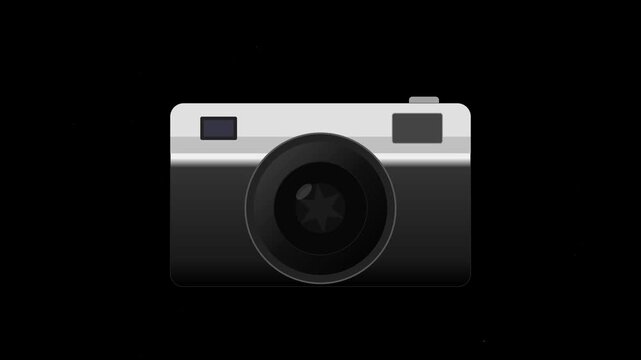 A high-fidelity 2D flat vector illustration of a silver and charcoal vintage camera featuring a synchronized shutter button click, aperture iris movement, and soft light flash on a black background.