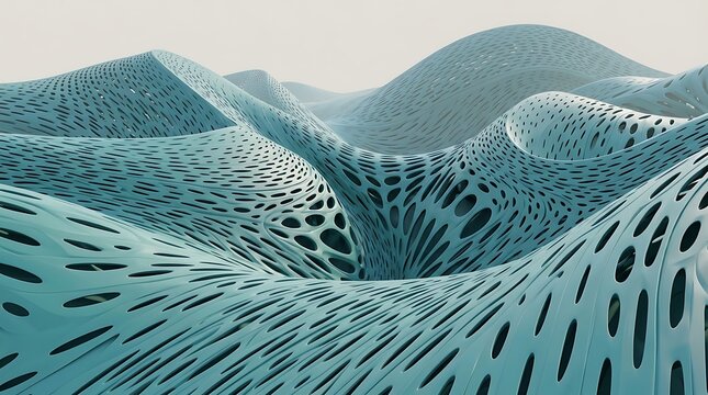 Parametric shell landscape features undulating terrain with perforated surfaces