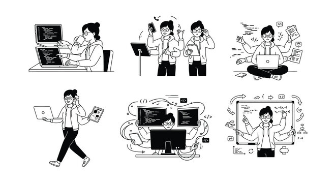 Woman multitasking with technology and office supplies vector illustration