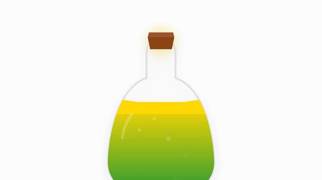 A 2D flat icon of a mystical glass potion bottle filled with bubbling emerald green and gold liquid. Soft light glows from the cork as small bubbles rise in a seamless 5-second loop.