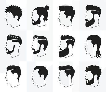 Collection of twelve male head silhouettes showing various hairstyles and beard styles including man buns, fades, pompadours, and mullets on a plain white background, for barbershop
