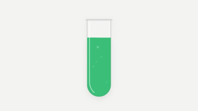 A clean flat vector illustration of a glass test tube containing chemical fluid that transitions from vibrant green to deep purple while small bubbles ascend in a seamless five-second loop.