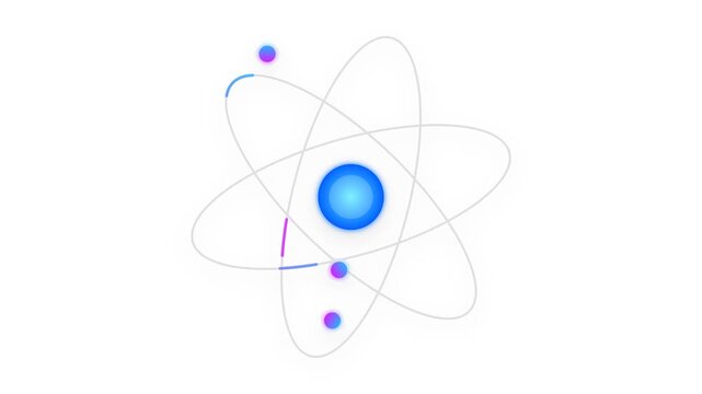 A high-quality 2D flat vector illustration of a quantum atom featuring a central nucleus and three electrons orbiting in elliptical paths with vibrant blue to magenta gradients and soft shadows.