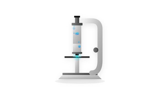A high-resolution 2D laboratory microscope illustration featuring a rotating luminous sample on the stage. Blue biological cells emerge and fade in a seamless five-second loop over white.