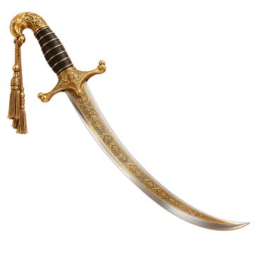 Ornate Golden Curved Saber Sword with Decorative Handle Isolated on White Background