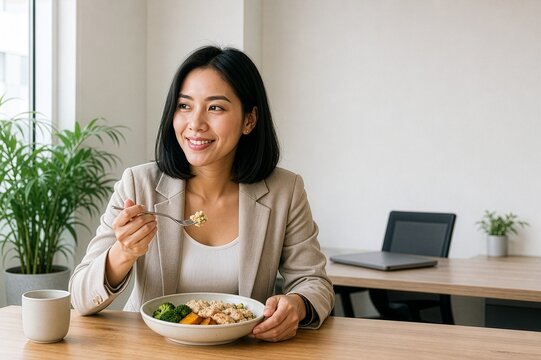 Employee taking a proper lunch break away from the desk, illustrating workplace wellbeing and healthy work routines.