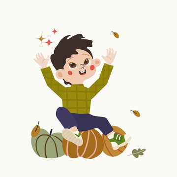 Cute boy sitting on pumpkins with fall leaves in hand drawn vector style