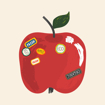 Red apple with fresh eco organic labels on beige background in hand drawn vector style