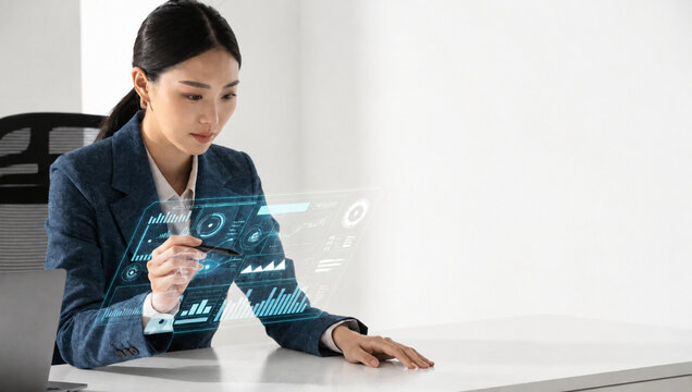 Businesswoman technology hologram data analysis digital office Asian professional futuristic innovation modern workspace