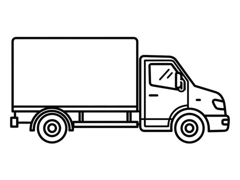 Minimalist delivery truck line art, commercial cargo van outline illustration, black and white logistics vehicle icon for shipping and transport