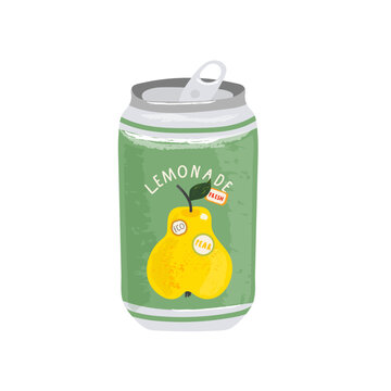 Pear lemonade can with fresh fruit labels isolated on white background in hand drawn vector style