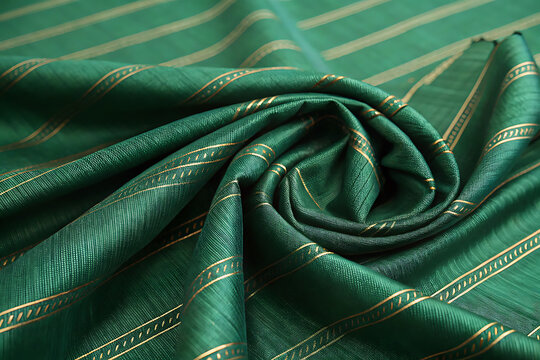 Mashru silk cotton fabric, rich emerald green with subtle woven stripes, traditional Indian textile, silky texture, folded composition.
