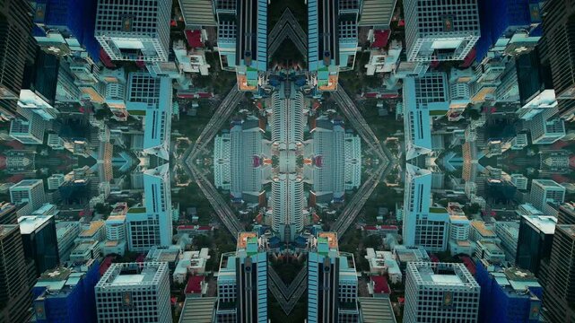 mirrored fractal cityscape skyline with symmetrical skyscraper geometry, abstract urban city architecture pattern with futuristic kaleidoscope reflection effect, technology background 4k