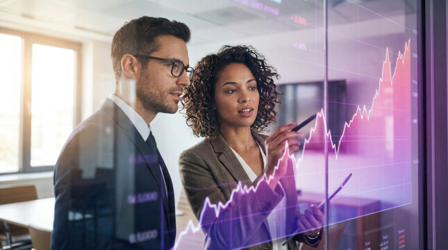 Business colleagues analyzing stock market data graphs on glass wall in modern office.